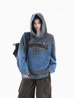 Women's Vintage Washed Flocked Letter Denim Hoodie