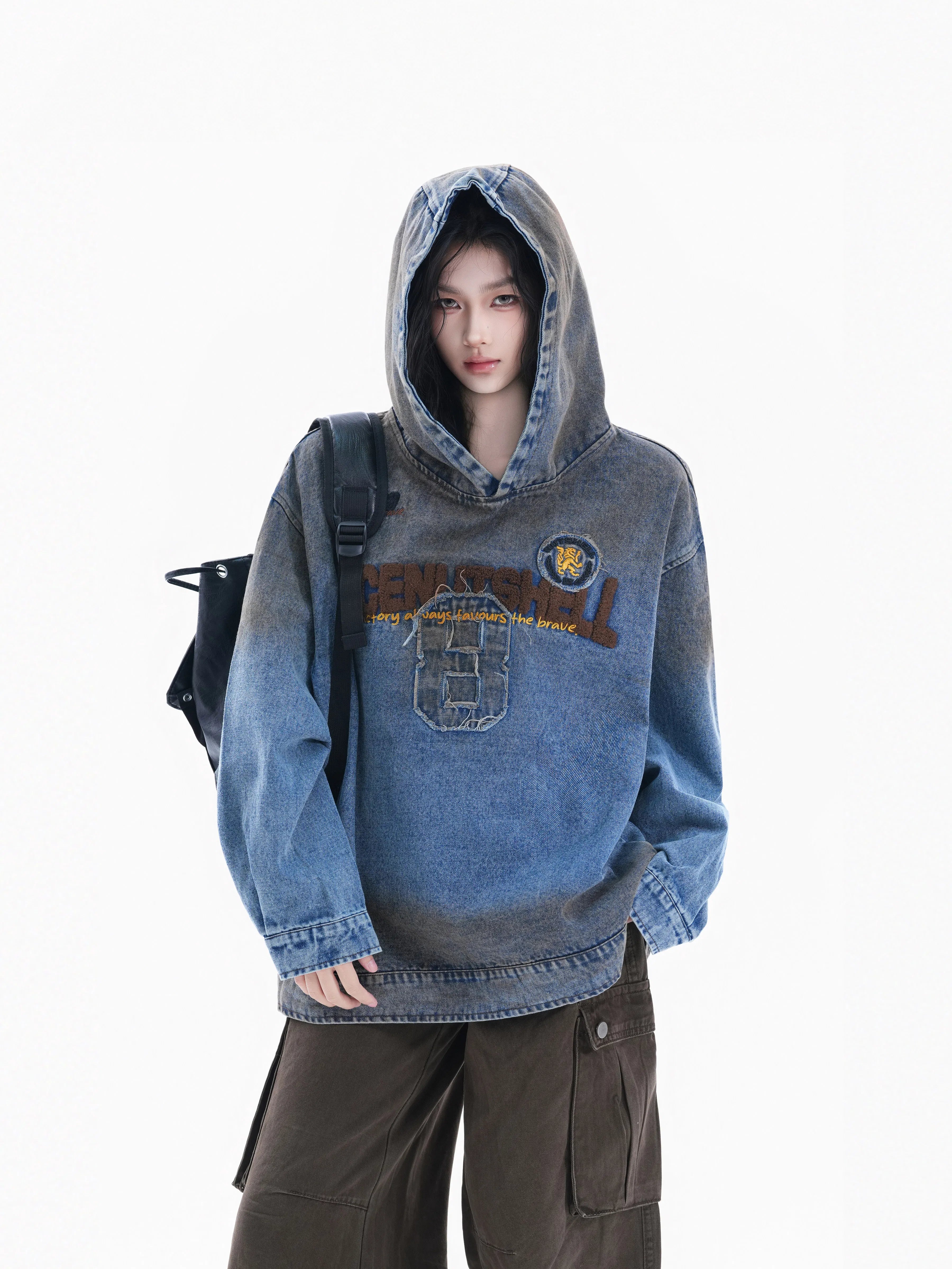 Women's Vintage Washed Flocked Letter Denim Hoodie