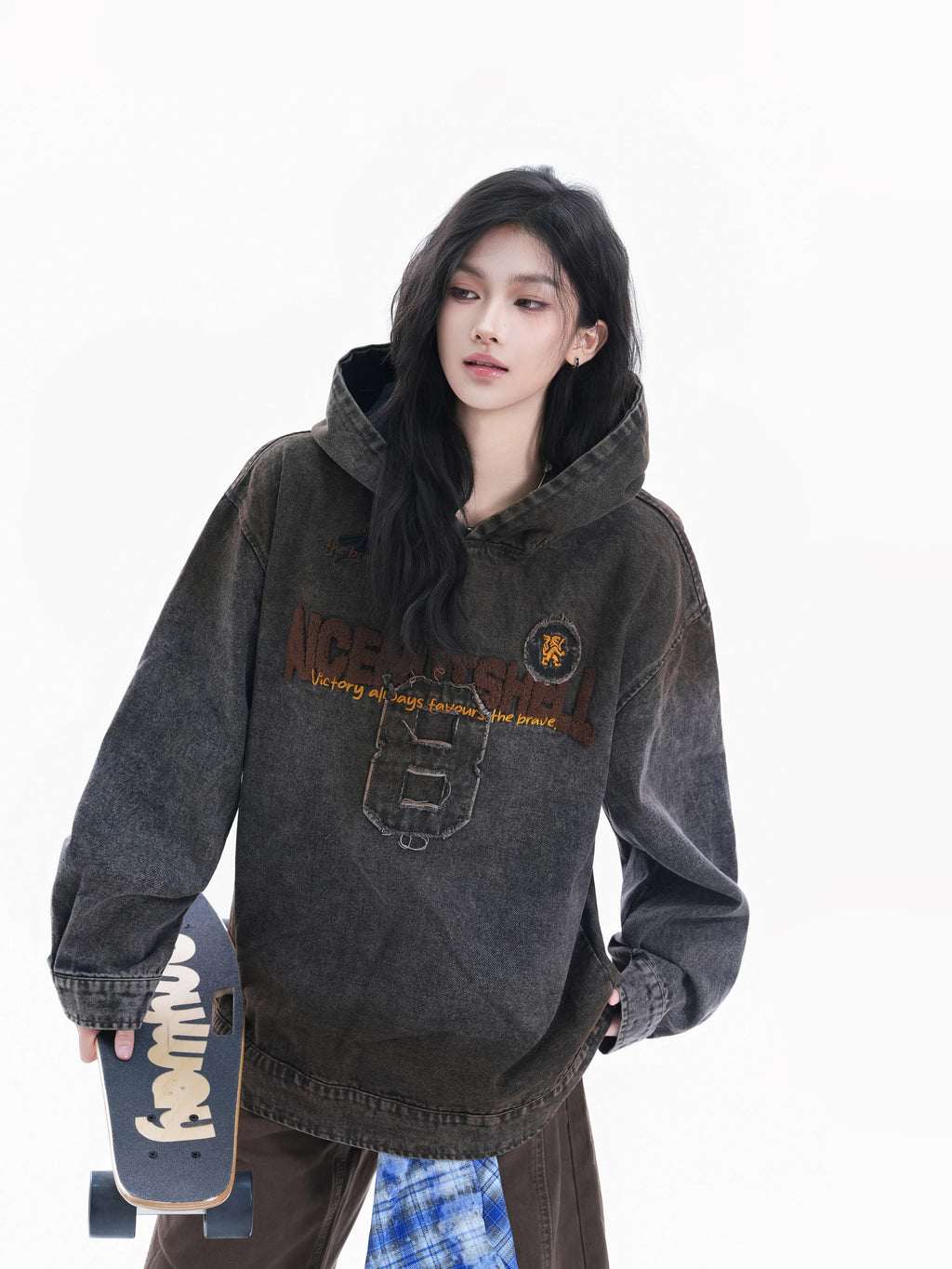 Women's Vintage Washed Flocked Letter Denim Hoodie
