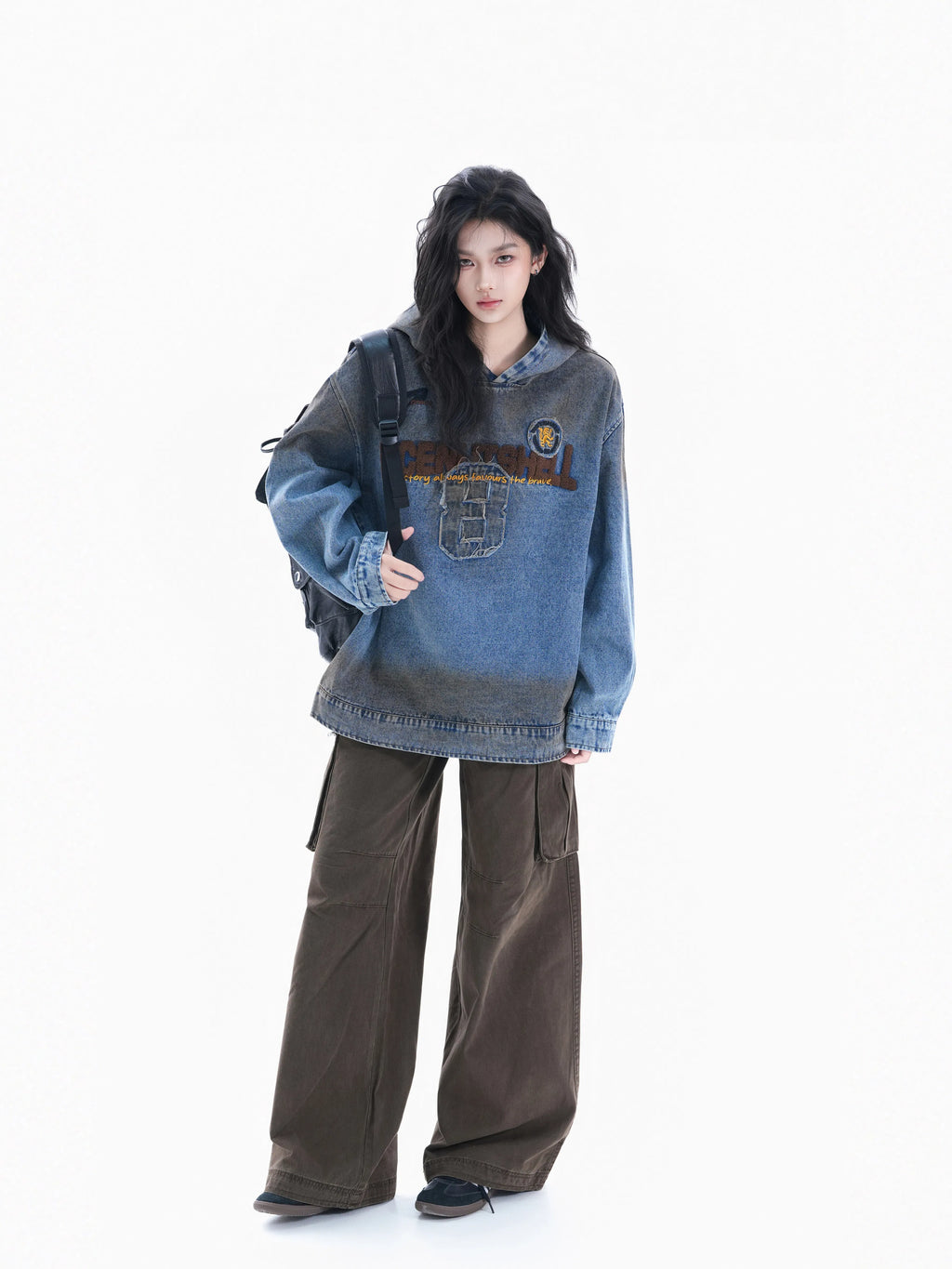 Women's Vintage Washed Flocked Letter Denim Hoodie
