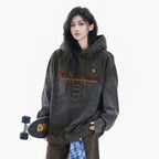 Women's Vintage Washed Flocked Letter Denim Hoodie