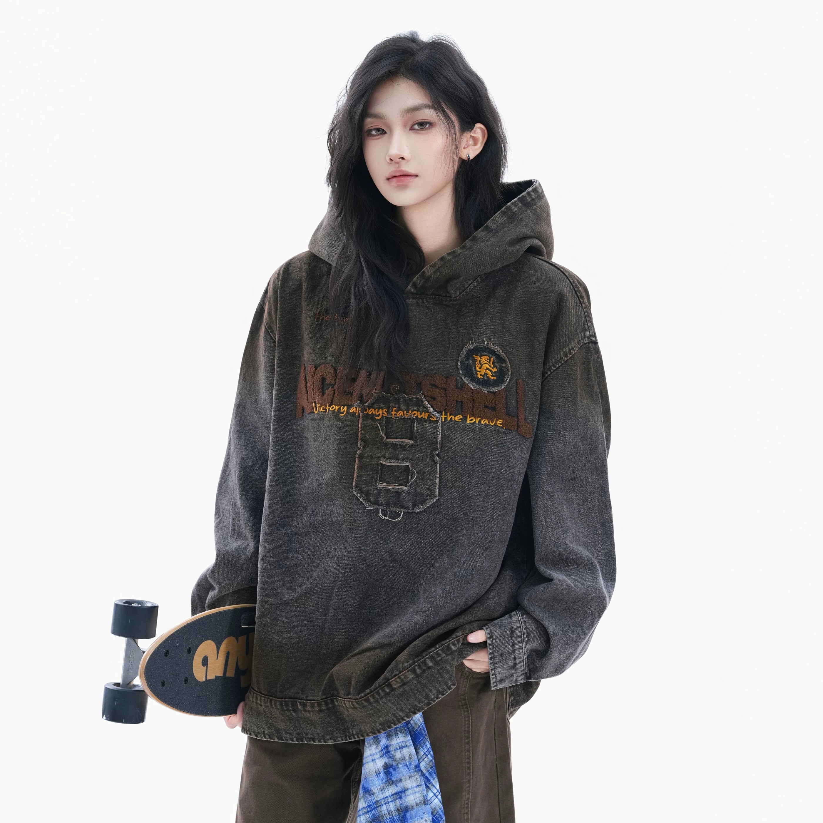 Women's Vintage Washed Flocked Letter Denim Hoodie