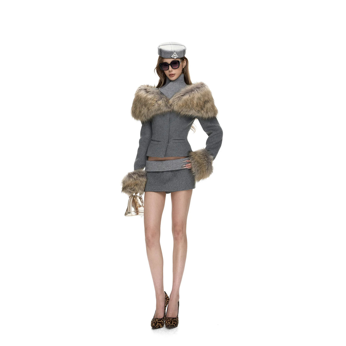 Women's Woolen Zip Up Coat and Mini Skirt Set