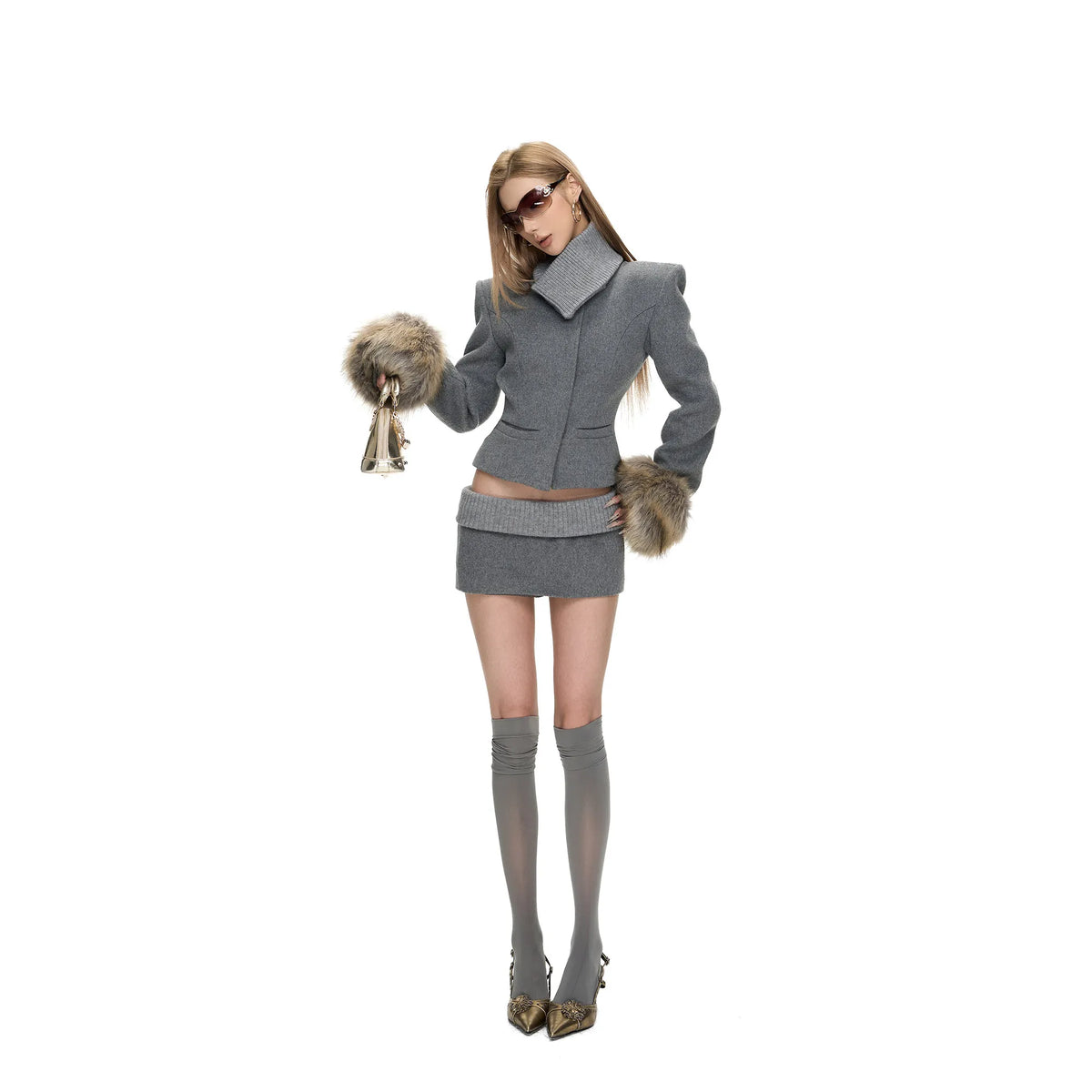 Women's Woolen Zip Up Coat and Mini Skirt Set