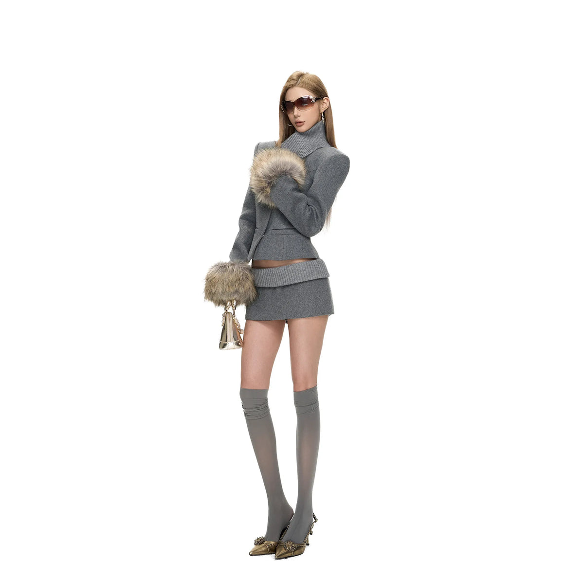 Women's Woolen Zip Up Coat and Mini Skirt Set